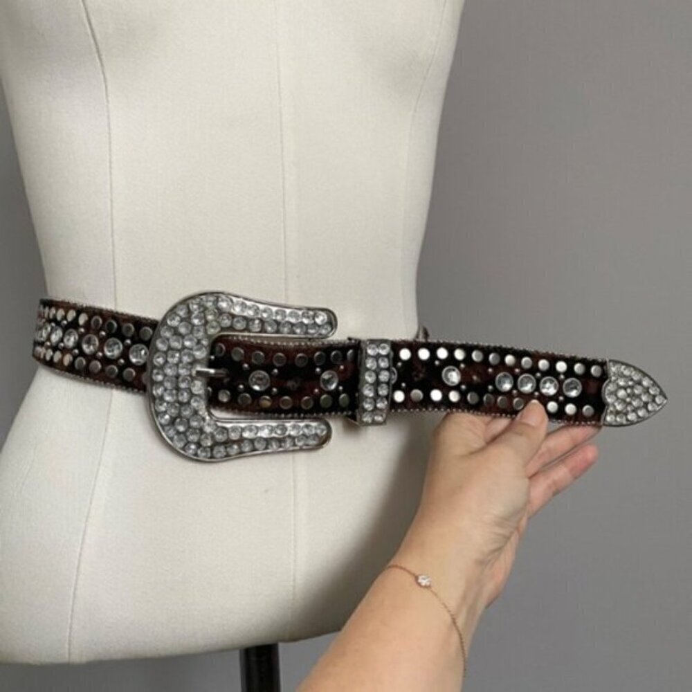 Animal Print Faux Fur Studded Rhinestone Belt - Large, 33.5 - 38.5" Waist - Picture 3 of 12